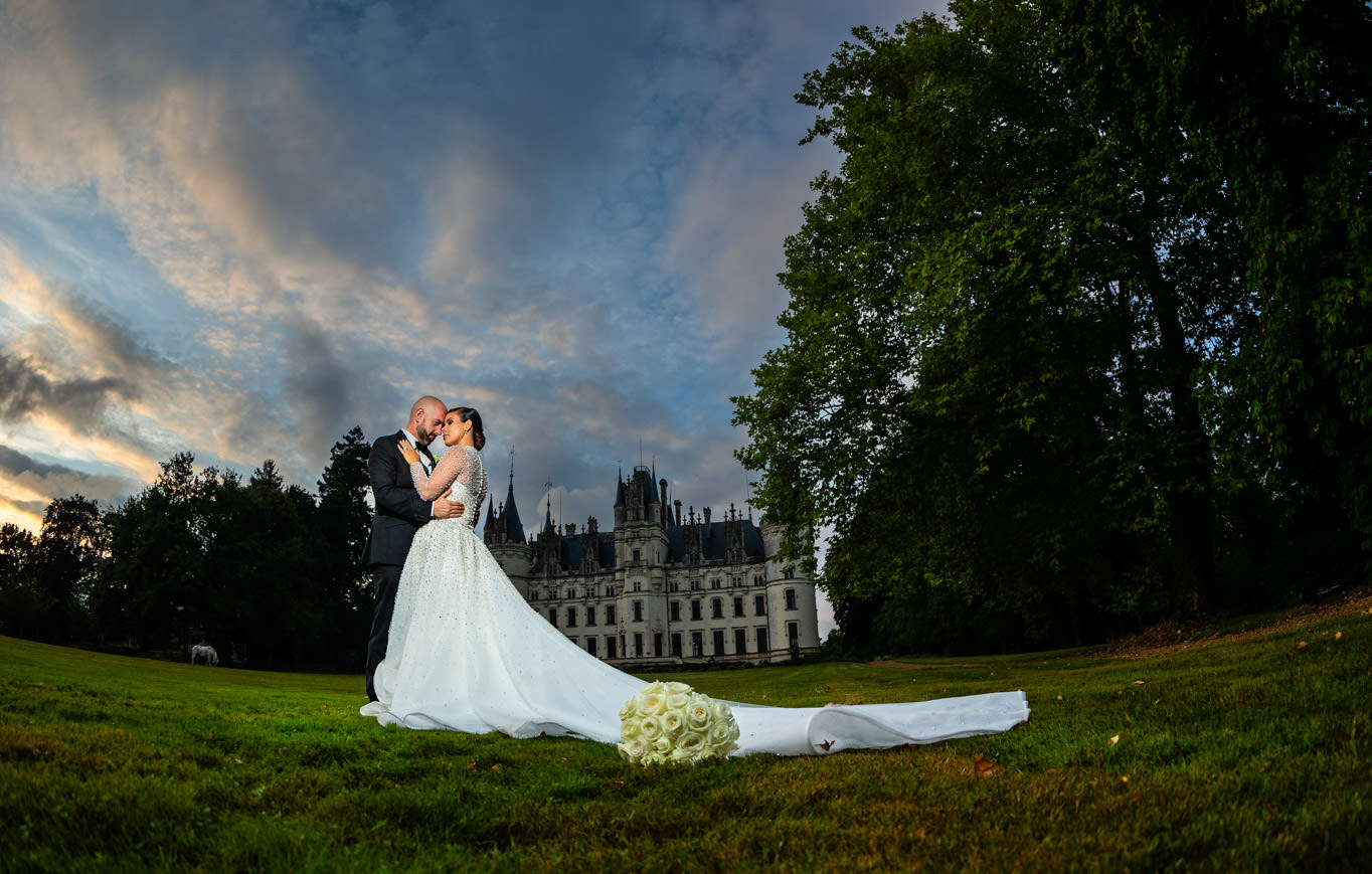 beautiful portrait couple at wedding in chateau challain