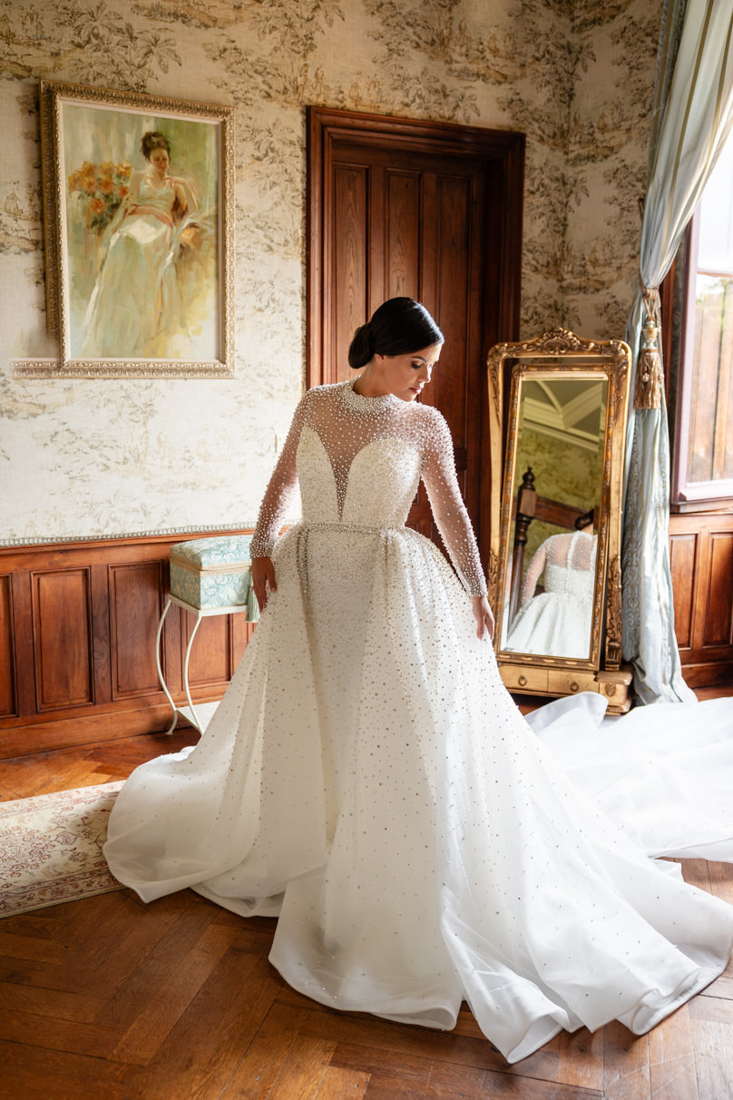 bride with wedding gown chateau challain