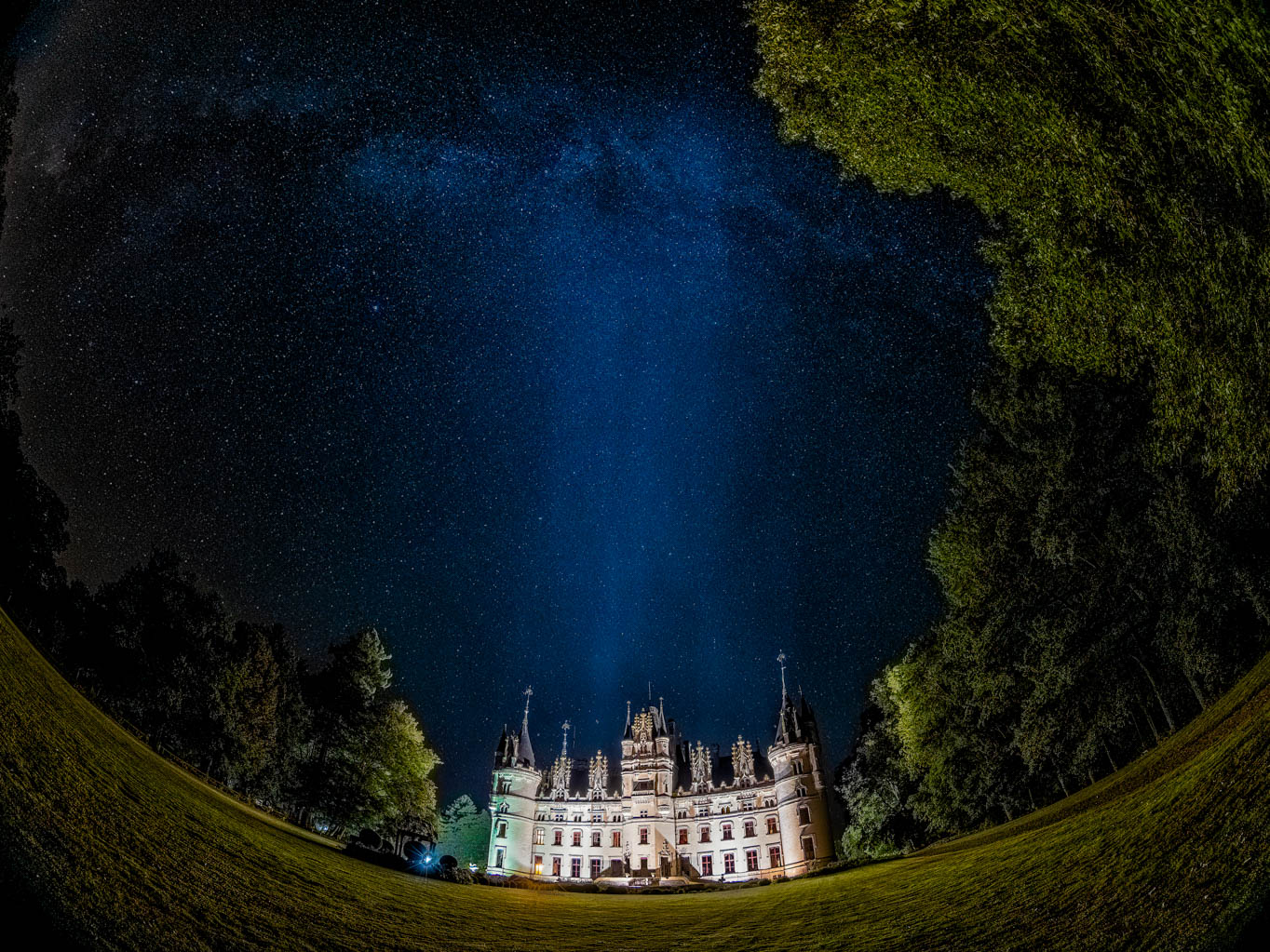 chateau challain with milky way at night after wedding